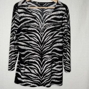 INC International Concepts‎ Zebra Print 3/4 Sleeve Shirt Stretch Womens L Stripe